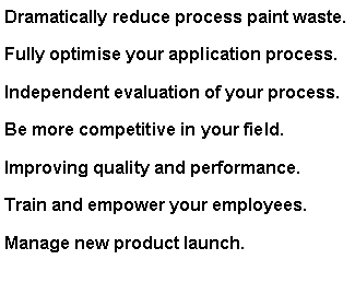 Text Box: Dramatically reduce process paint waste.Fully optimise your application process.Independent evaluation of your process.Be more competitive in your field.Improving quality and performance.Train and empower your employees.Manage new product launch.